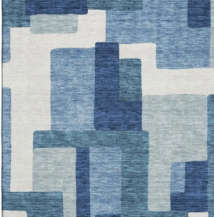 Blue And Ivory Abstract Geometric Washable Area Rug With UV Protection Photo 4
