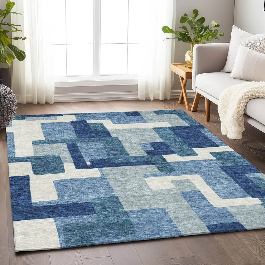 Blue And Ivory Abstract Geometric Washable Area Rug With UV Protection Photo 5