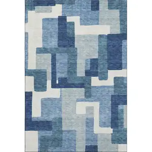 Photo of Blue And Ivory Abstract Geometric Washable Area Rug With UV Protection