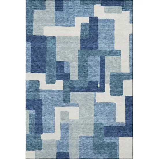Blue And Ivory Abstract Geometric Washable Area Rug With UV Protection Photo 4