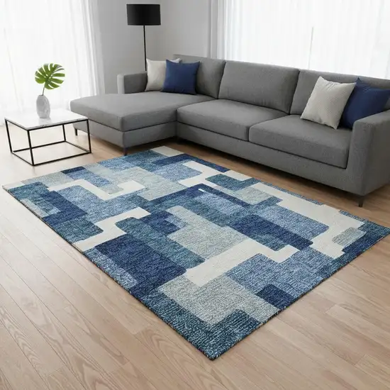 Blue And Ivory Abstract Geometric Washable Area Rug With UV Protection Photo 2