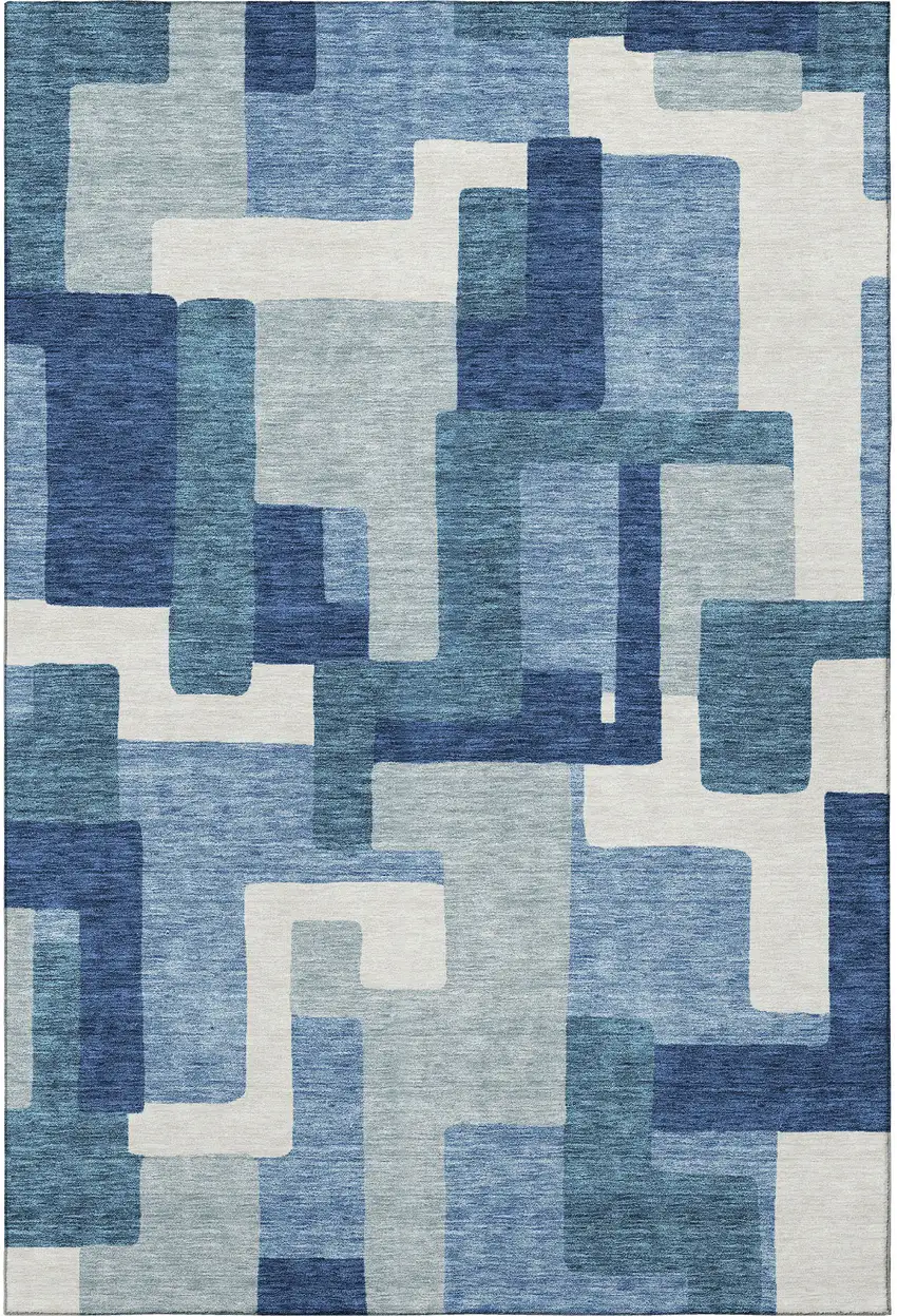 Blue And Ivory Abstract Geometric Washable Area Rug With UV Protection Photo 3