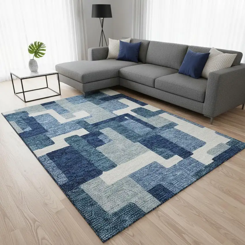 Blue And Ivory Abstract Geometric Washable Area Rug With UV Protection Photo 2