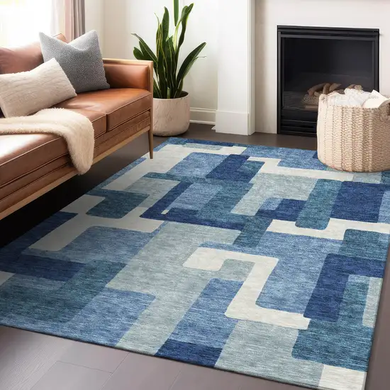 Blue And Ivory Abstract Geometric Washable Area Rug With UV Protection Photo 5
