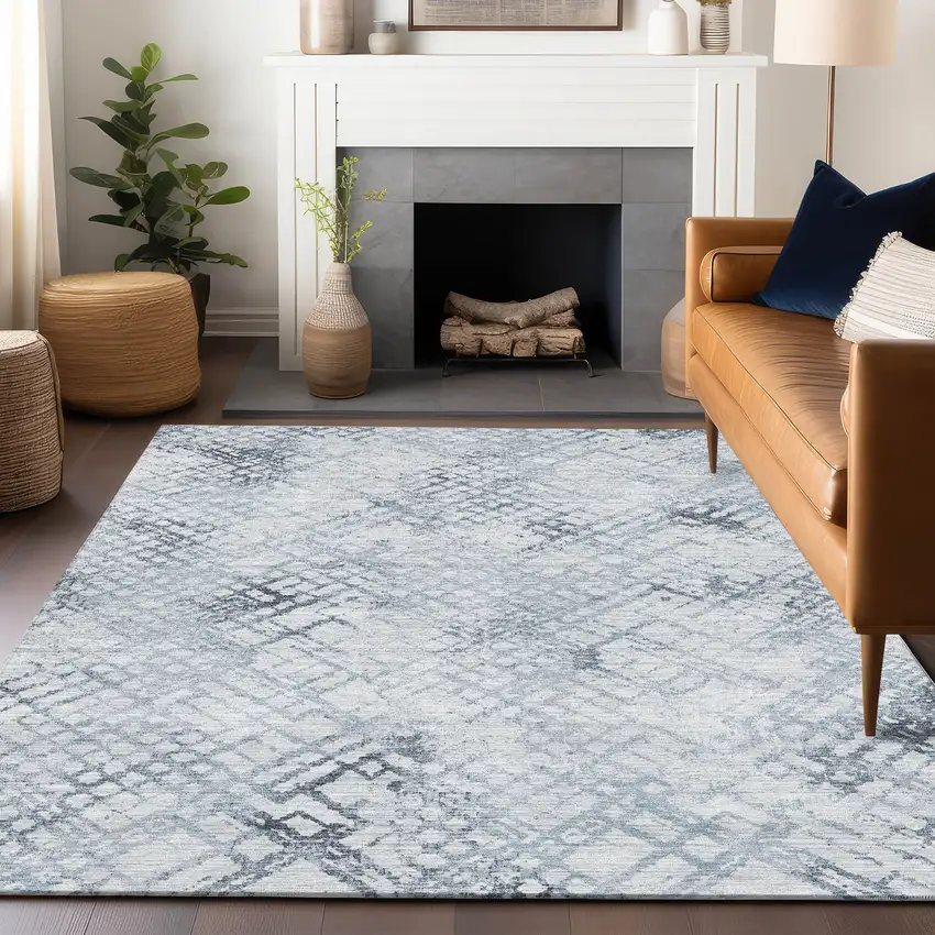 Blue And Ivory Abstract Geometric Washable Area Rug With UV Protection Photo 5