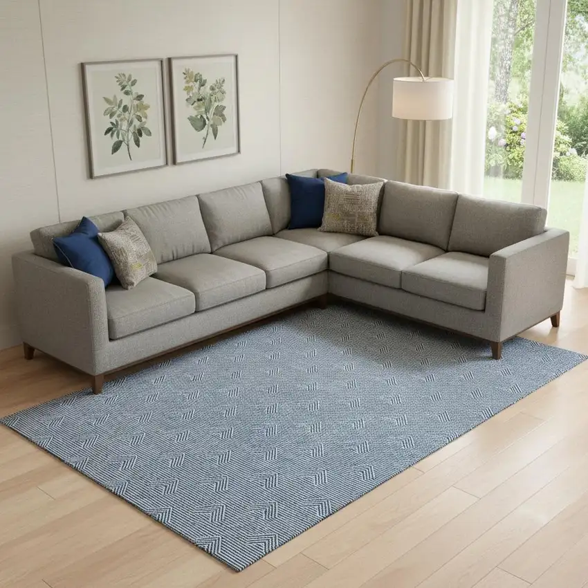 Blue And Ivory Abstract Geometric Washable Area Rug With UV Protection Photo 1