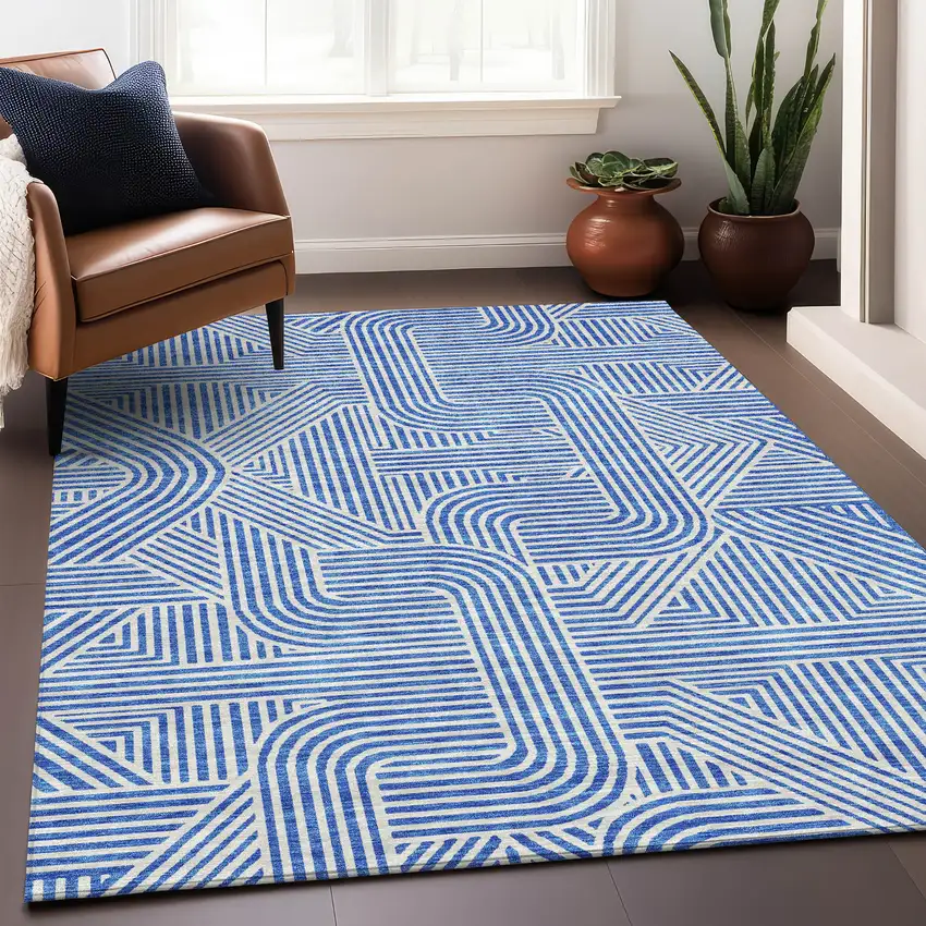 Blue And Ivory Abstract Geometric Washable Area Rug With UV Protection Photo 5