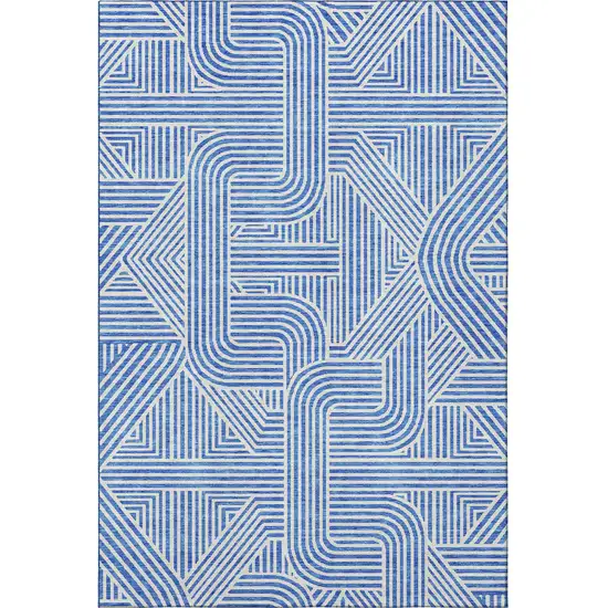 Blue And Ivory Abstract Geometric Washable Area Rug With UV Protection Photo 4