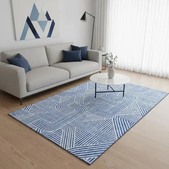 Blue And Ivory Abstract Geometric Washable Area Rug With UV Protection Photo 2