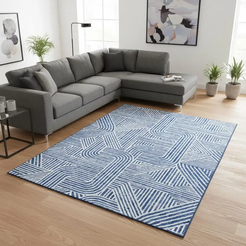 Blue And Ivory Abstract Geometric Washable Area Rug With UV Protection Photo 2