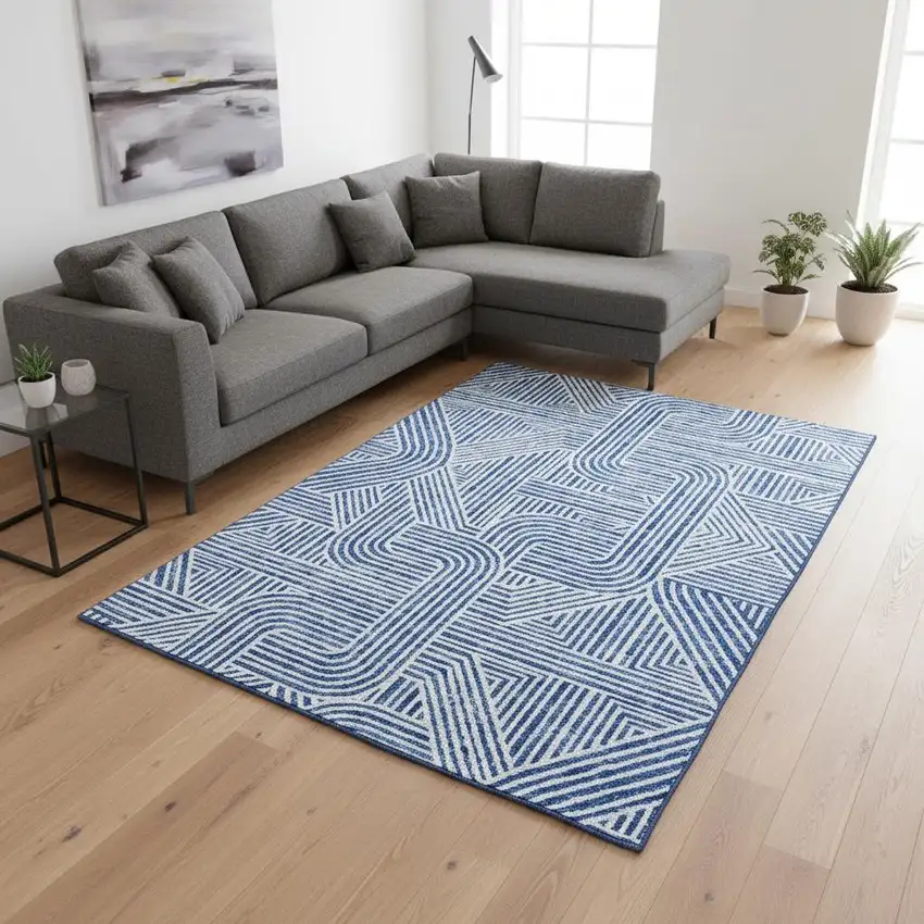Blue And Ivory Abstract Geometric Washable Area Rug With UV Protection Photo 2