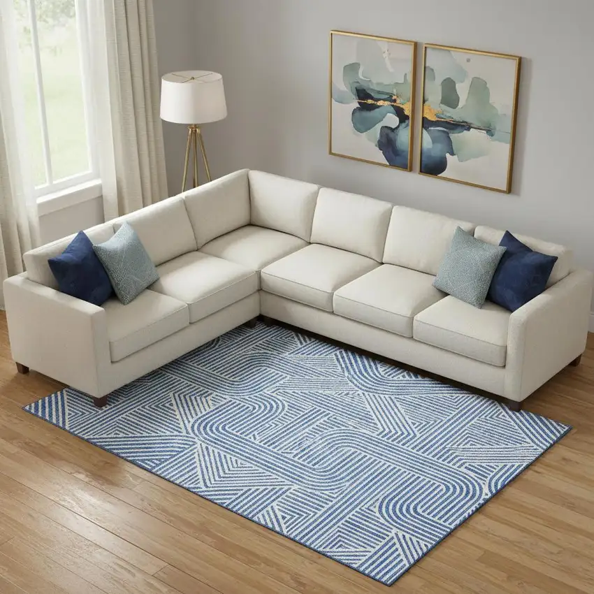 Blue And Ivory Abstract Geometric Washable Area Rug With UV Protection Photo 1