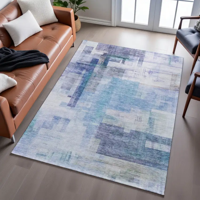 Blue And Ivory Abstract Geometric Washable Area Rug With UV Protection Photo 5
