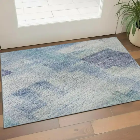 Blue And Ivory Abstract Geometric Washable Area Rug With UV Protection Photo 2