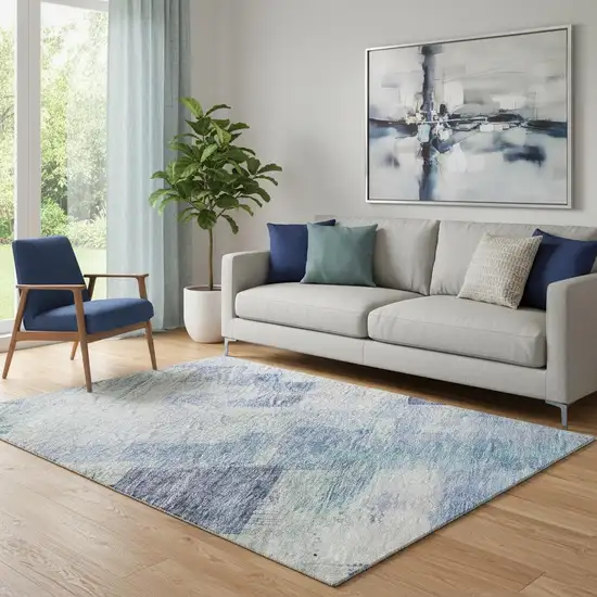 Blue And Ivory Abstract Geometric Washable Area Rug With UV Protection Photo 2