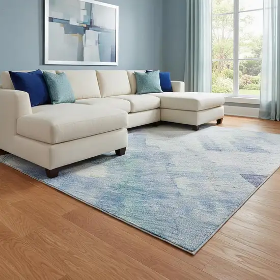 Blue And Ivory Abstract Geometric Washable Area Rug With UV Protection Photo 2
