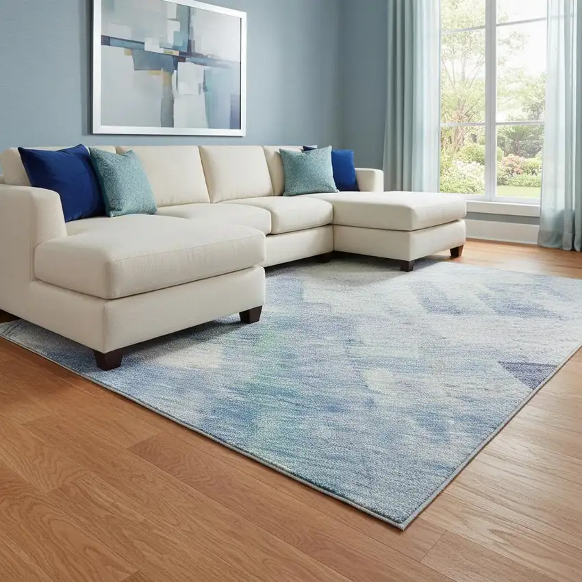 Blue And Ivory Abstract Geometric Washable Area Rug With UV Protection Photo 2