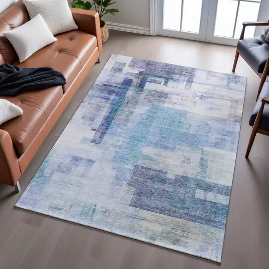Blue And Ivory Abstract Geometric Washable Area Rug With UV Protection Photo 5