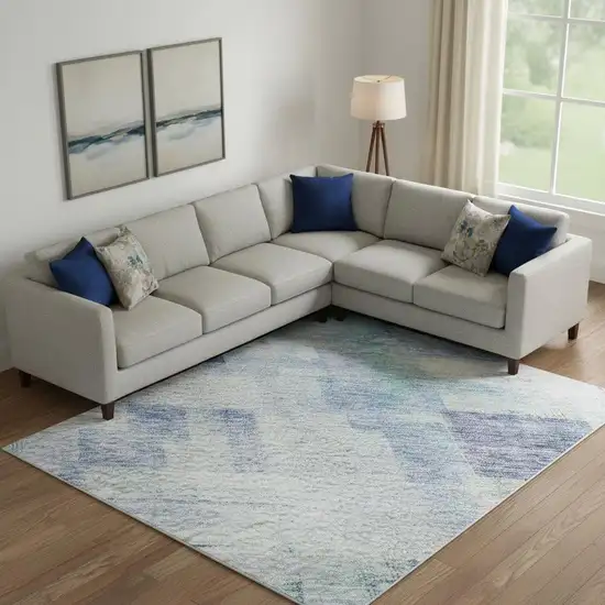 Blue And Ivory Abstract Geometric Washable Area Rug With UV Protection Photo 2