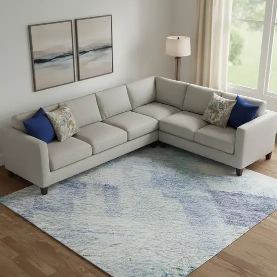 Blue And Ivory Abstract Geometric Washable Area Rug With UV Protection Photo 2