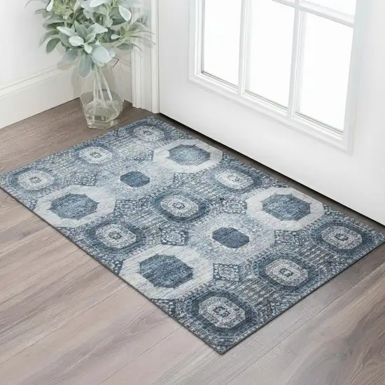 Blue And Ivory Abstract Geometric Washable Area Rug With UV Protection Photo 2