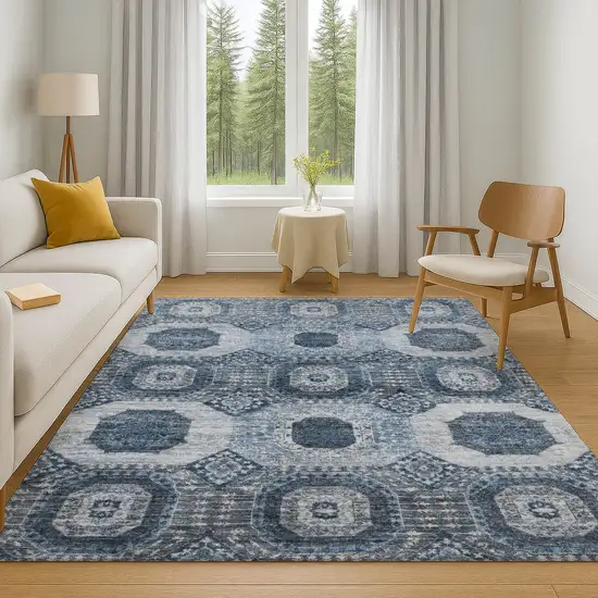 Blue And Ivory Abstract Geometric Washable Area Rug With UV Protection Photo 6