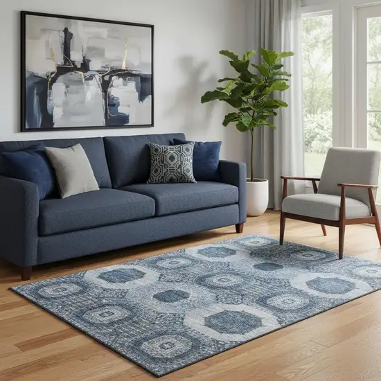 Blue And Ivory Abstract Geometric Washable Area Rug With UV Protection Photo 2