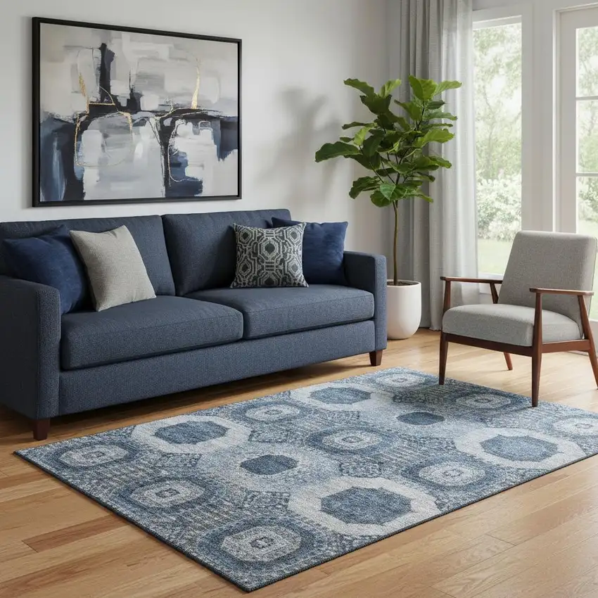 Blue And Ivory Abstract Geometric Washable Area Rug With UV Protection Photo 2