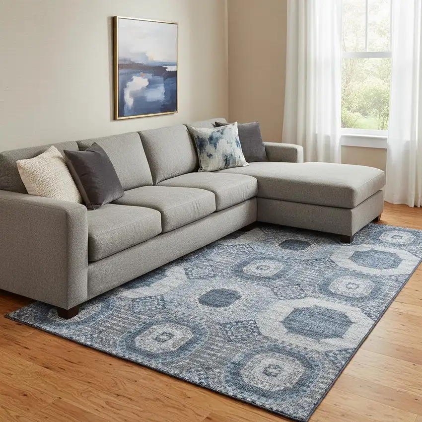 Blue And Ivory Abstract Geometric Washable Area Rug With UV Protection Photo 2