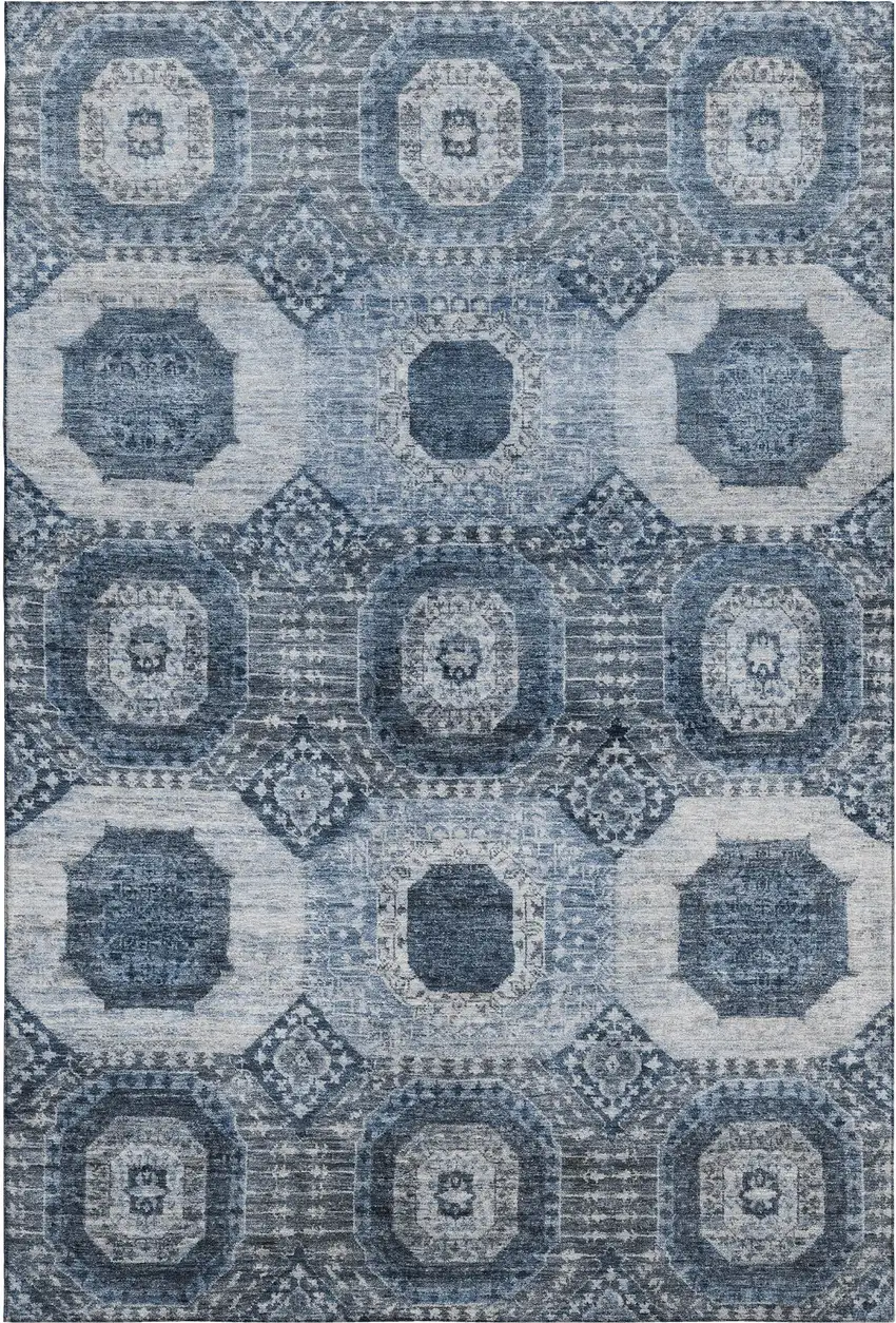 Blue And Ivory Abstract Geometric Washable Area Rug With UV Protection Photo 2