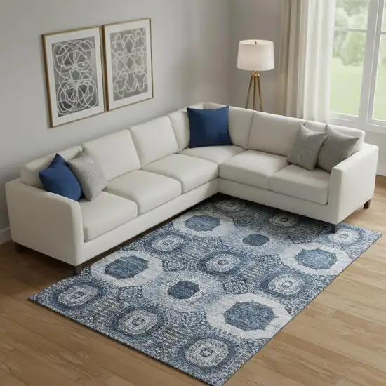 Blue And Ivory Abstract Geometric Washable Area Rug With UV Protection Photo 2