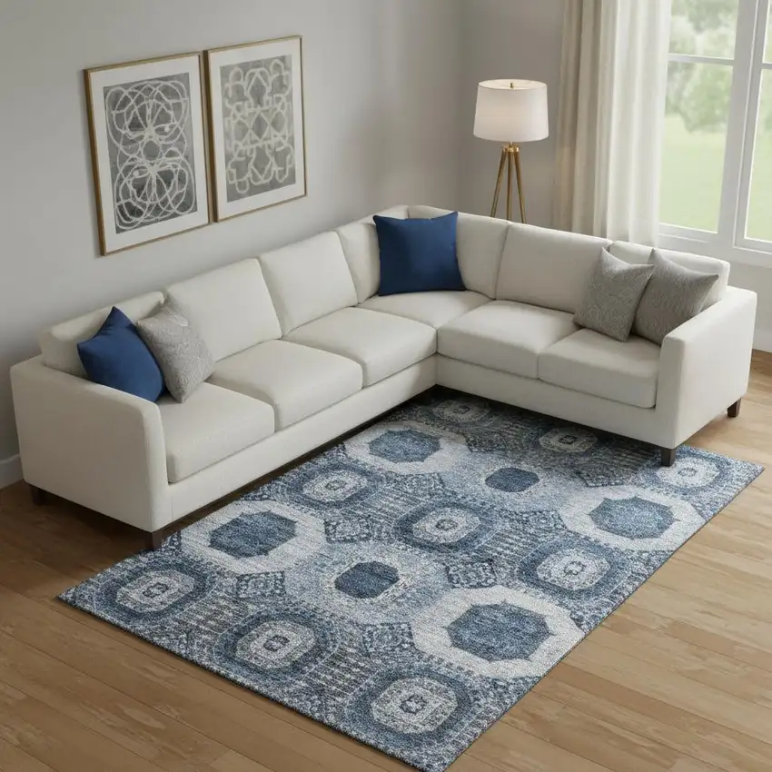 Blue And Ivory Abstract Geometric Washable Area Rug With UV Protection Photo 2