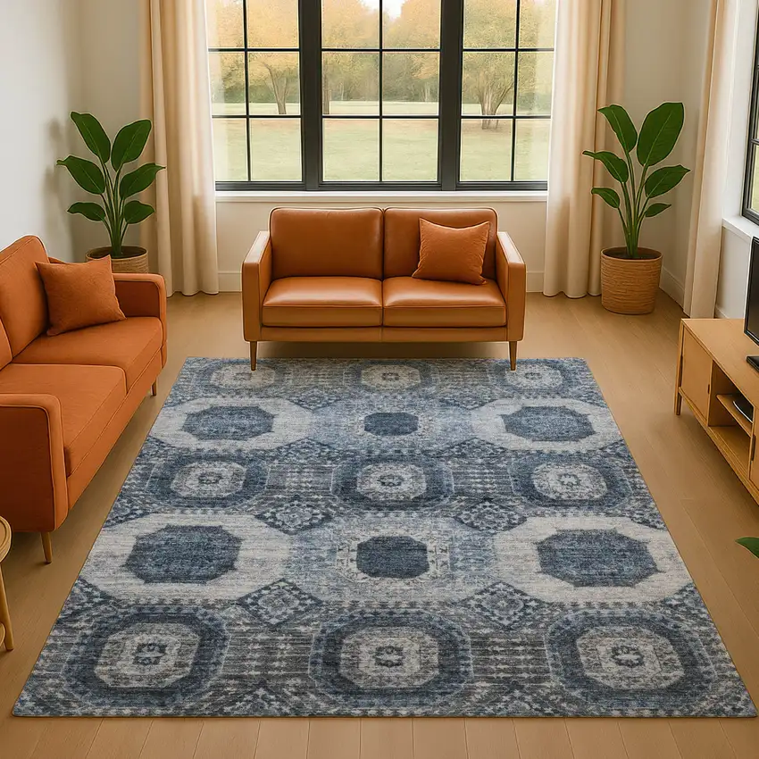 Blue And Ivory Abstract Geometric Washable Area Rug With UV Protection Photo 4