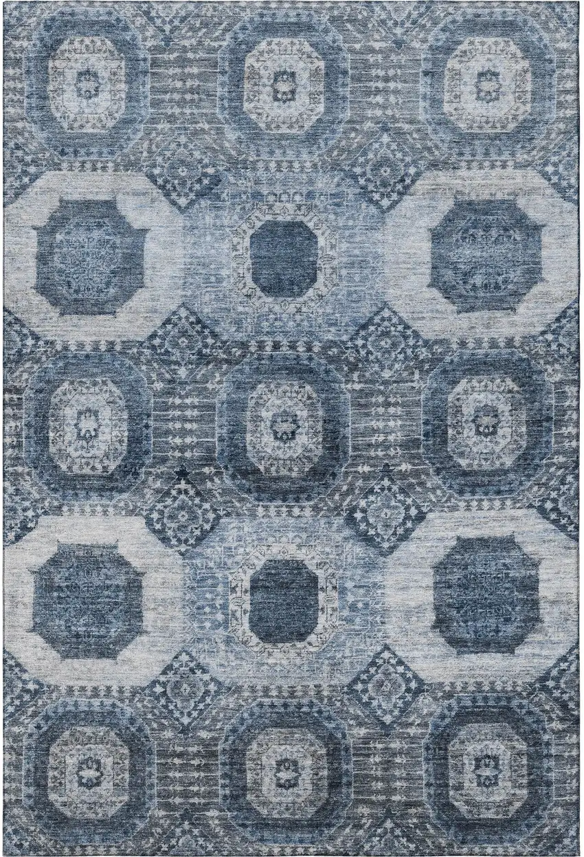 Blue And Ivory Abstract Geometric Washable Area Rug With UV Protection Photo 3