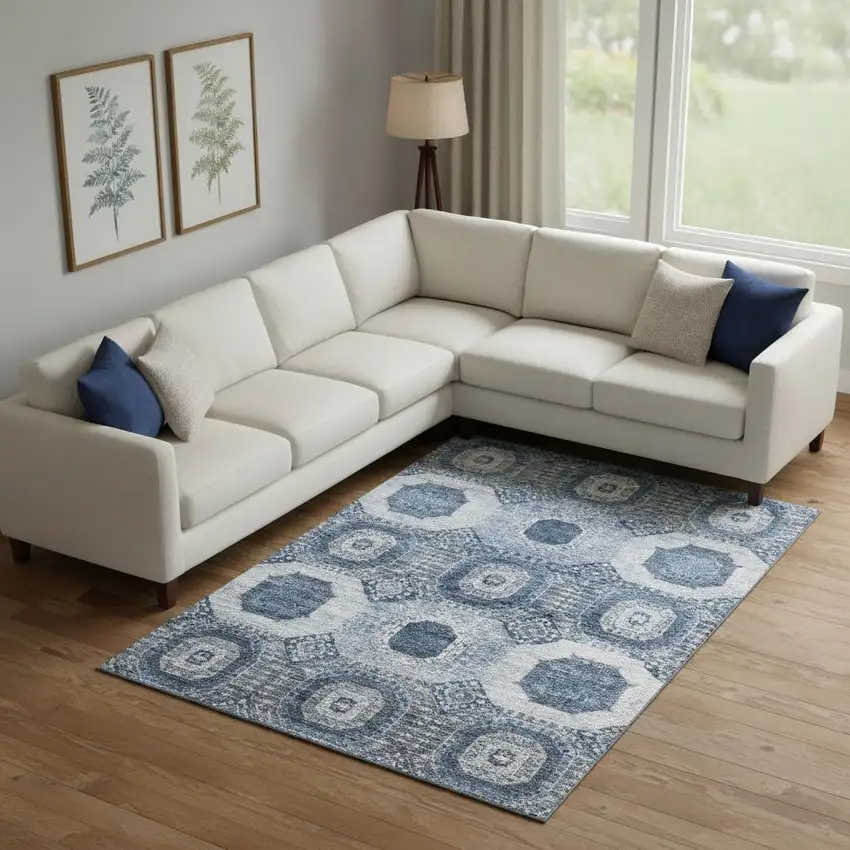 Blue And Ivory Abstract Geometric Washable Area Rug With UV Protection Photo 2