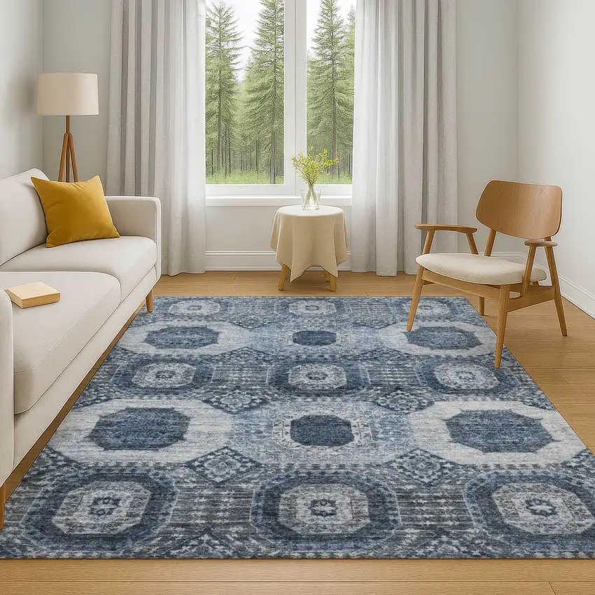 Blue And Ivory Abstract Geometric Washable Area Rug With UV Protection Photo 6
