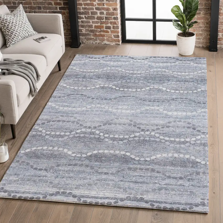 Blue And Ivory Abstract Geometric Washable Area Rug With UV Protection Photo 4