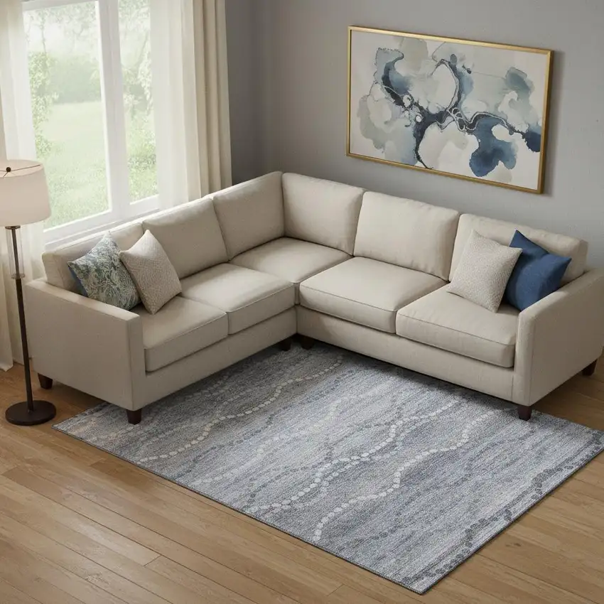 Blue And Ivory Abstract Geometric Washable Area Rug With UV Protection Photo 2