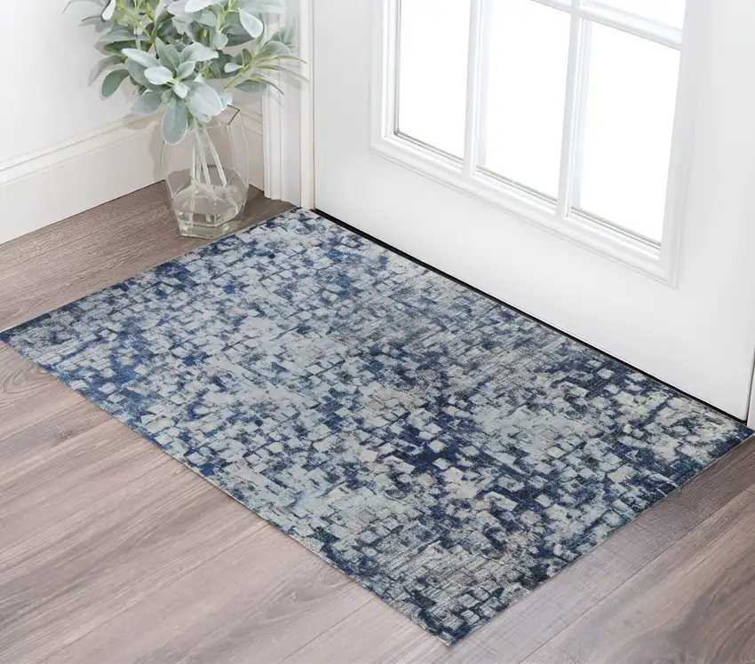 Blue And Ivory Abstract Power Loom Distressed Stain Resistant Area Rug Photo 1