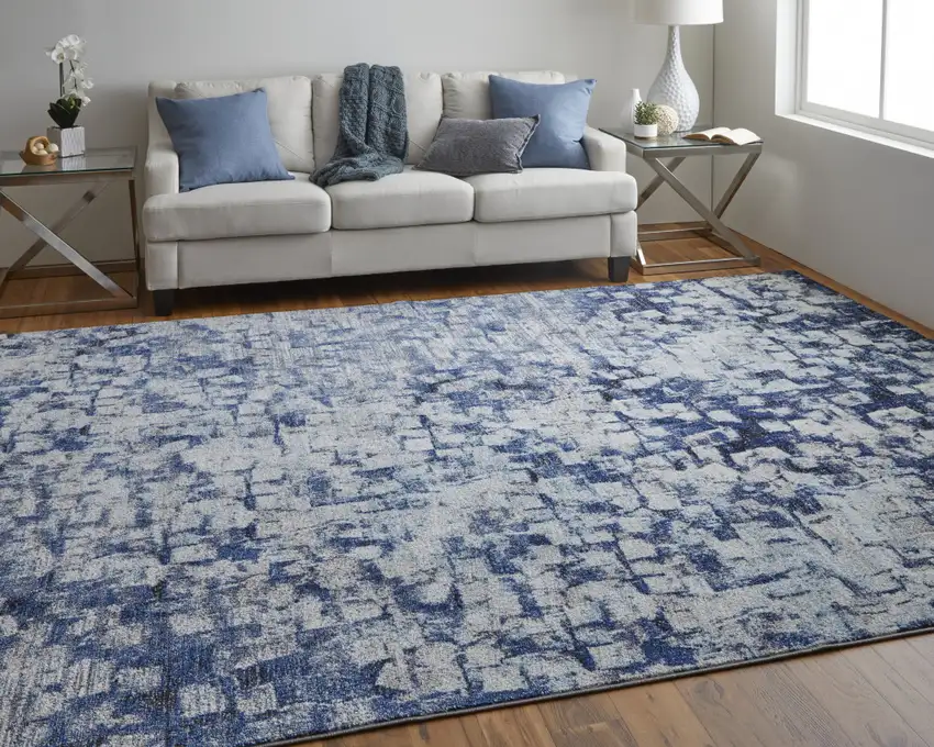 Blue And Ivory Abstract Power Loom Distressed Stain Resistant Area Rug Photo 7