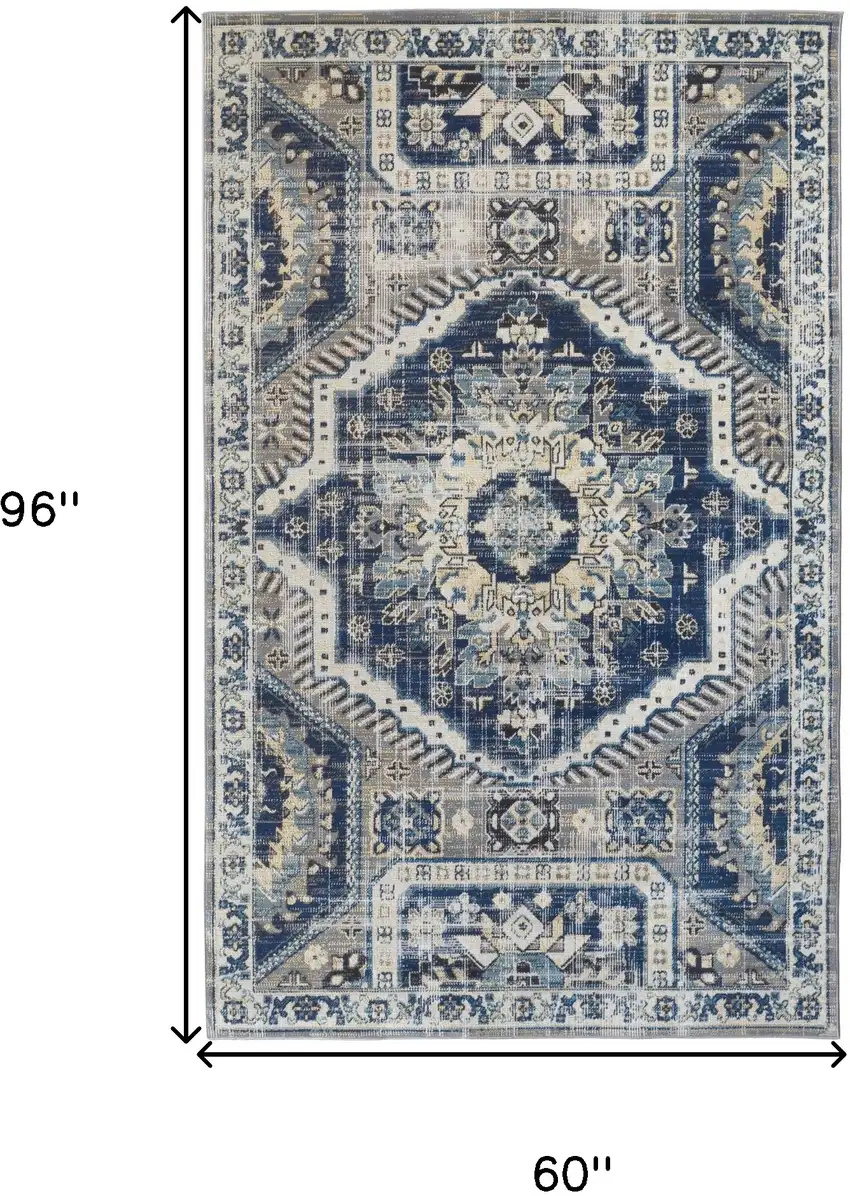 Blue And Ivory Abstract Power Loom Distressed Stain Resistant Area Rug Photo 10