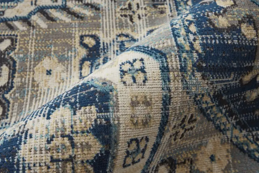 Blue And Ivory Abstract Power Loom Distressed Stain Resistant Area Rug Photo 9