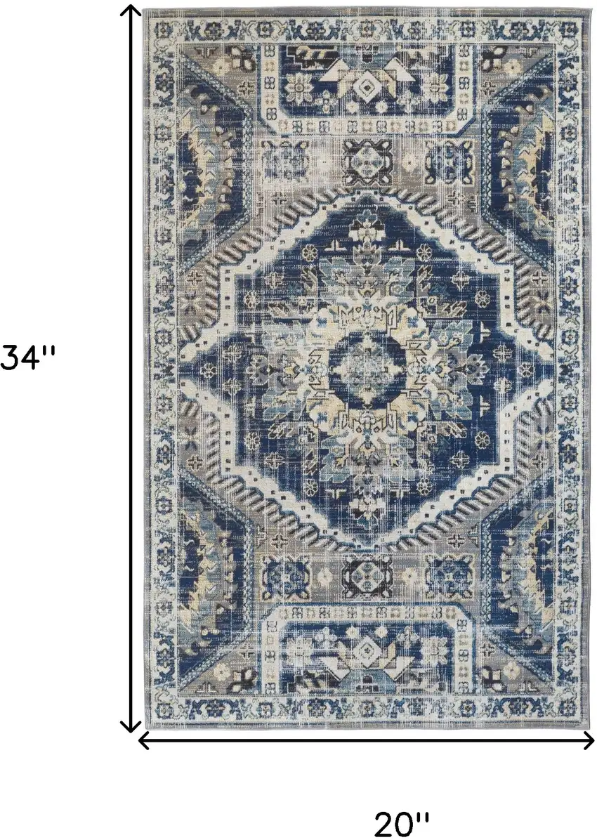 Blue And Ivory Abstract Power Loom Distressed Stain Resistant Area Rug Photo 9