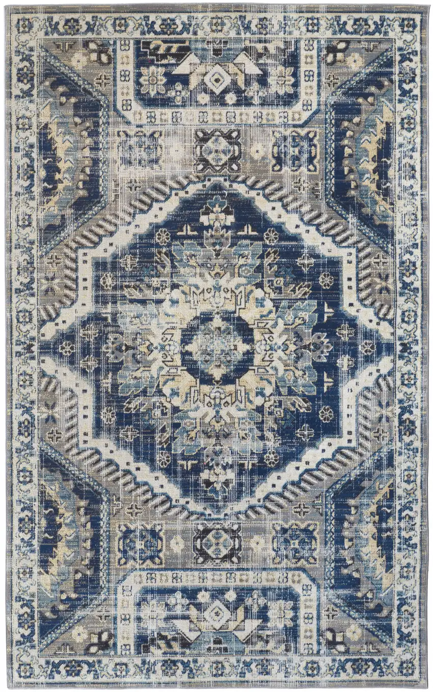 Blue And Ivory Abstract Power Loom Distressed Stain Resistant Area Rug Photo 1