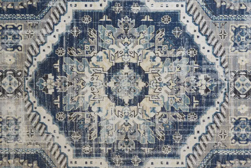 Blue And Ivory Abstract Power Loom Distressed Stain Resistant Area Rug Photo 3