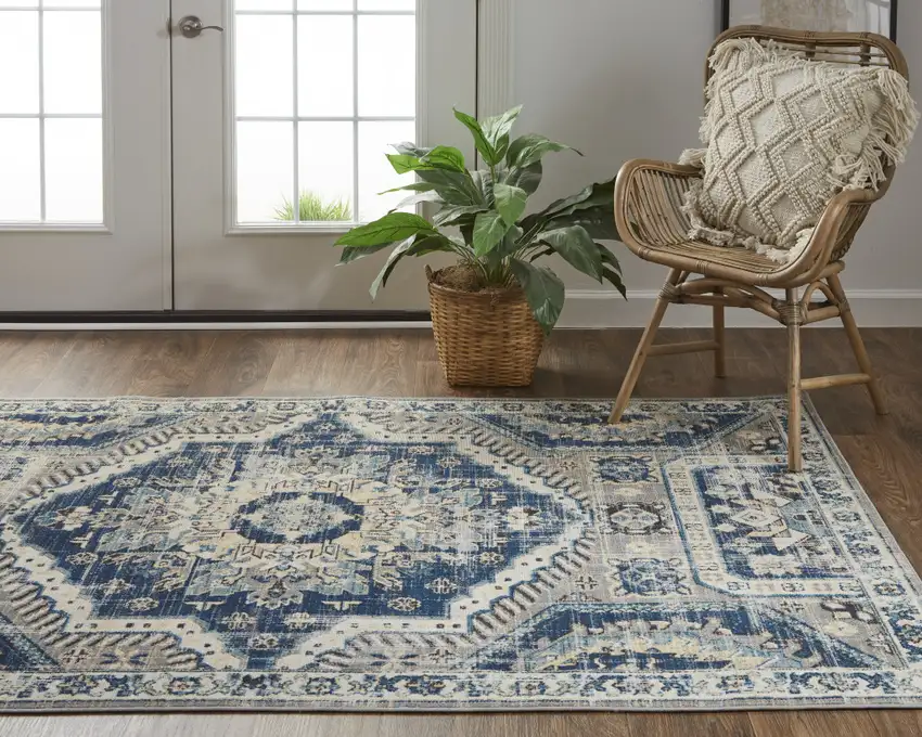 Blue And Ivory Abstract Power Loom Distressed Stain Resistant Area Rug Photo 8