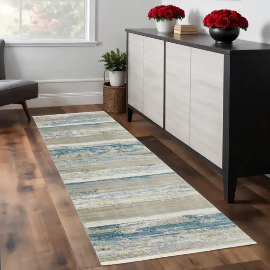 8' Blue And Beige Abstract Distressed Runner Rug With Fringe Photo 2