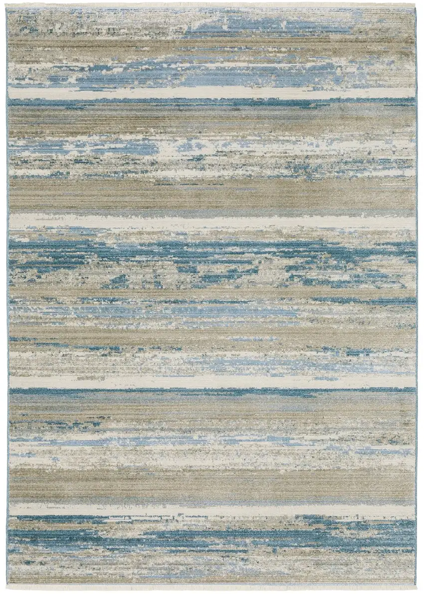 8' Blue And Beige Abstract Distressed Runner Rug With Fringe Photo 1