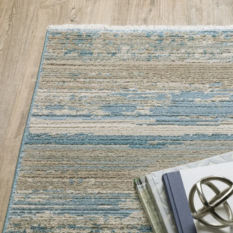 Blue And Ivory Abstract Power Loom Runner Rug With Fringe Photo 5
