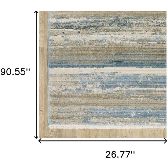 Blue And Ivory Abstract Power Loom Runner Rug With Fringe Photo 8